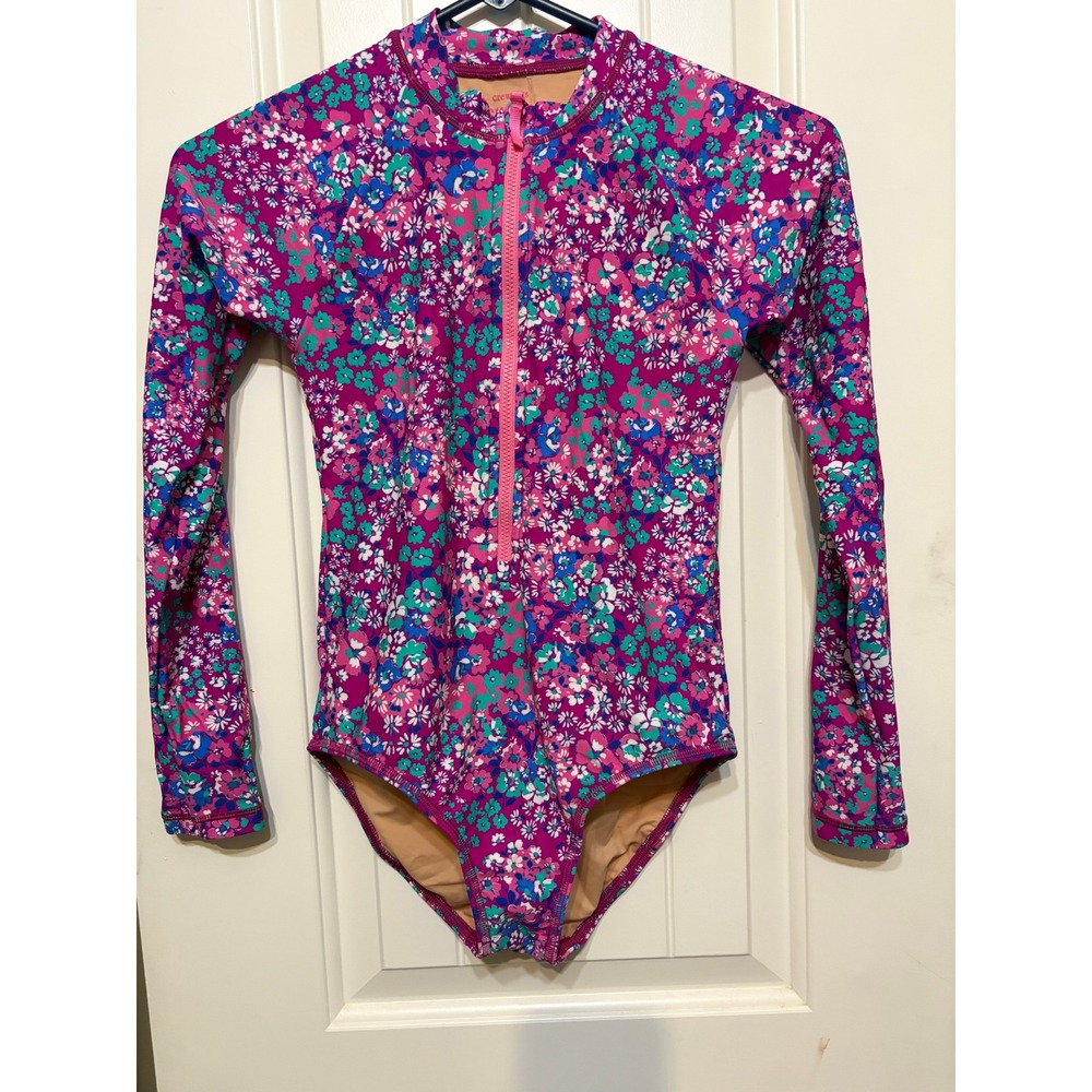 Crewcuts J Crew Girls Purple Floral Long Sleeve One Piece Rash Guard Swimsuit 12